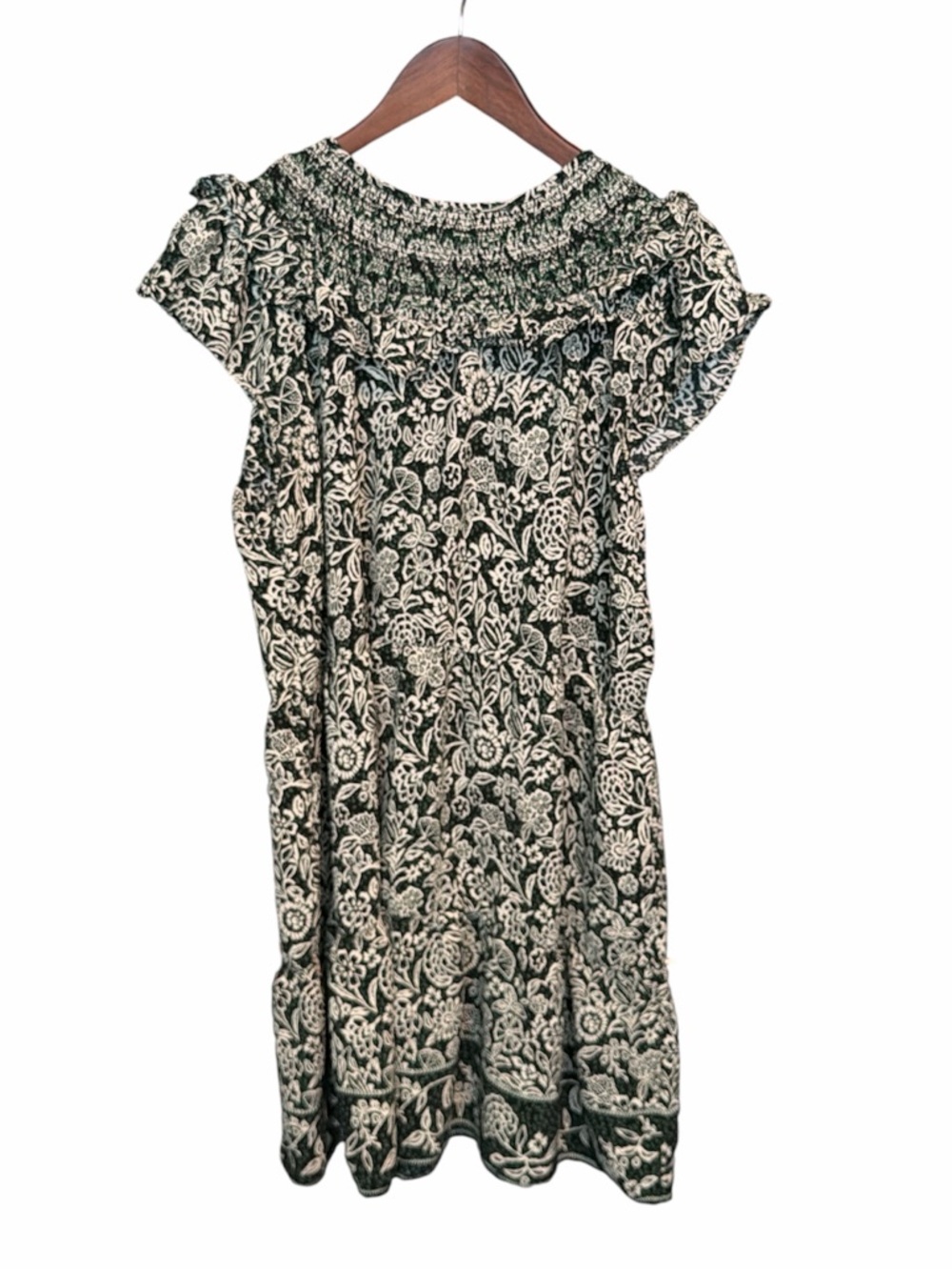 Loft smocked ruffle sleeve floral dress Large green black white casual event